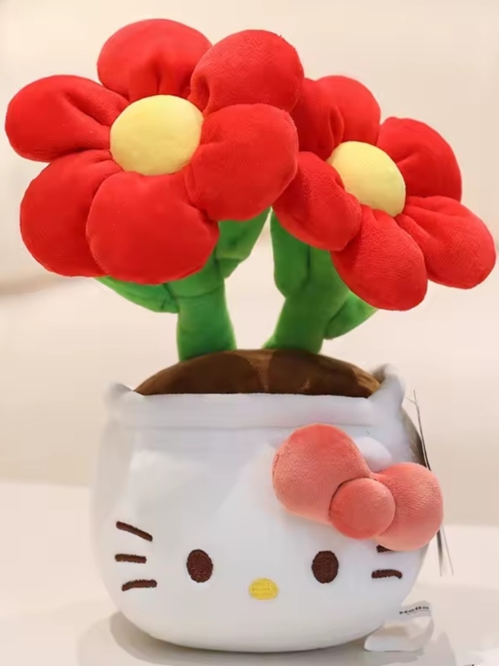 Brand NewSanrio Hello Kitty Plush Flower Pot with Red Flowers and Yellow Centers